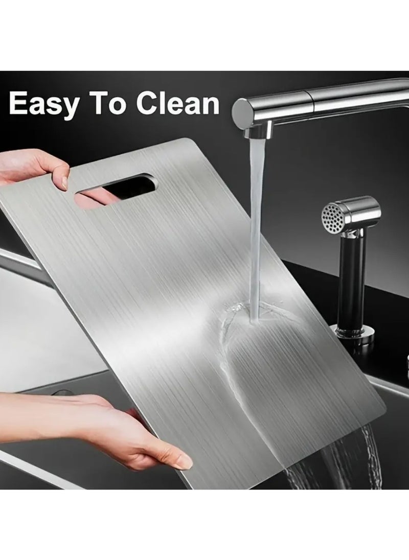 Premium Titanium Stainless Steel Cutting Board Double-Sided, Kitchen Chopping Board durable, Hygienic Edge for Safe Food Prep, Silvery for Kitchen,Meat,Fruit,Pastry,Pizza,Cheese,Vegetables