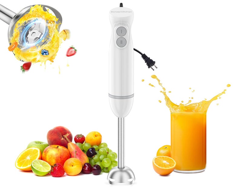 Bonsenkitchen Hand Blender, Immersion Blender with 2 Mixing Speed, Electric Portable Handheld Stick Mixer with Stainless Steel Blades for Soup, Smoothie, Puree, Baby Food, White - Image 1