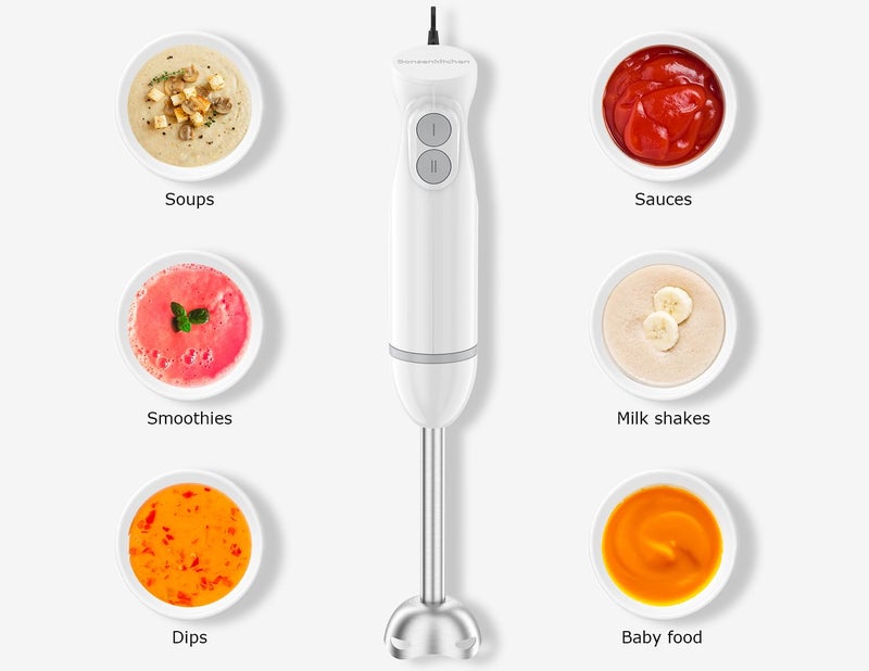 Bonsenkitchen Hand Blender, Immersion Blender with 2 Mixing Speed, Electric Portable Handheld Stick Mixer with Stainless Steel Blades for Soup, Smoothie, Puree, Baby Food, White - Image 3