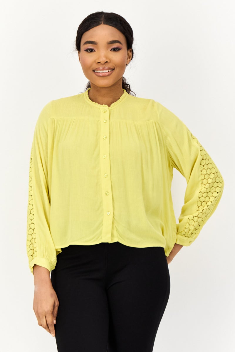 ONLY بلوزة نسائية بأكمام طويلة وياقة دائرية، صفراء - Image 1