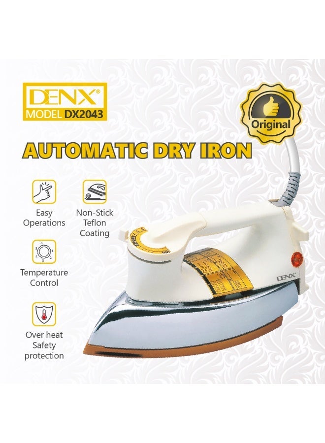 Denx Automatic Dry Iron – 1000W Power with Golden Non-Stick Teflon Soleplate - Image 3
