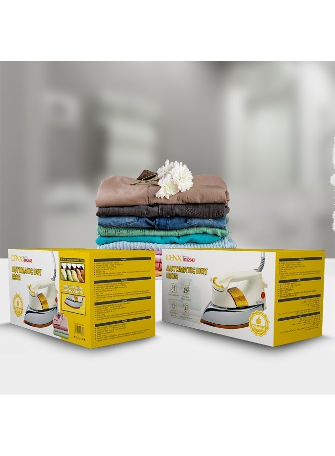 Denx Automatic Dry Iron – 1000W Power with Golden Non-Stick Teflon Soleplate - Image 2