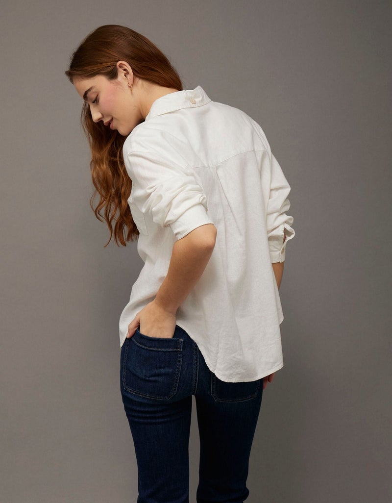American Eagle AE Oversized Linen-Blend Button-Up Shirt - Image 2