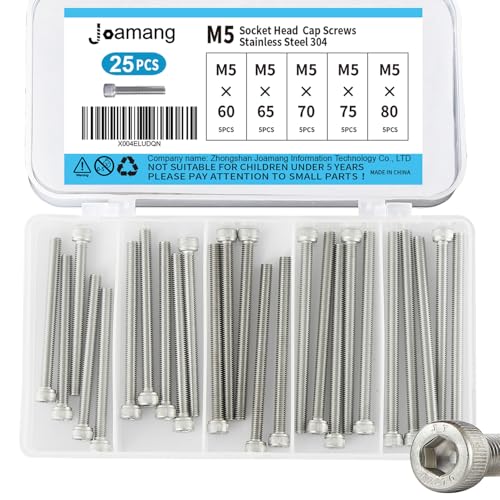 Joamang M5 x 60mm 65mm 70mm 75mm 80mm Socket Head Cap Screws Bolts, Stainless Steel 304, Metric Allen Hex Drive, Bright Finish, Fully Threaded, Assortment Kit 25PCS - Image 1