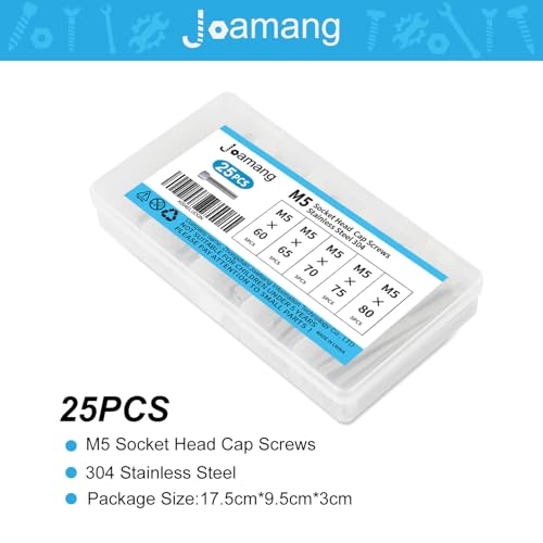 Joamang M5 x 60mm 65mm 70mm 75mm 80mm Socket Head Cap Screws Bolts, Stainless Steel 304, Metric Allen Hex Drive, Bright Finish, Fully Threaded, Assortment Kit 25PCS - Image 4
