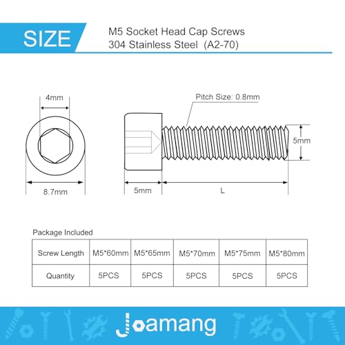Joamang M5 x 60mm 65mm 70mm 75mm 80mm Socket Head Cap Screws Bolts, Stainless Steel 304, Metric Allen Hex Drive, Bright Finish, Fully Threaded, Assortment Kit 25PCS - Image 2