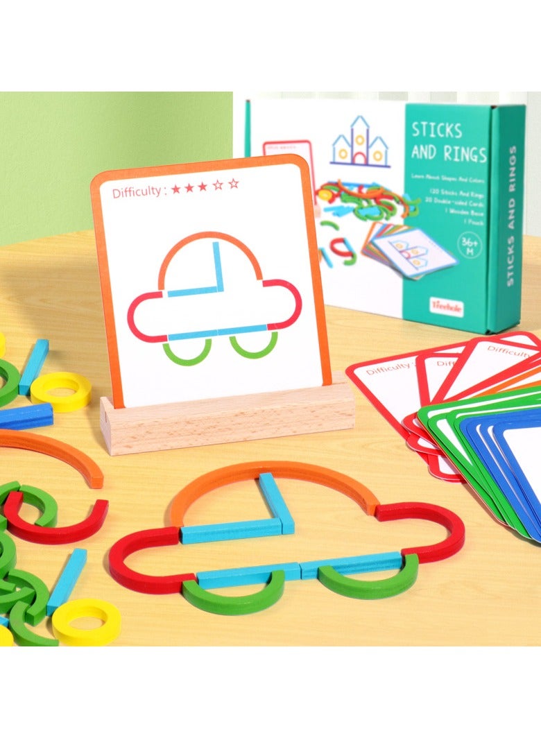 Kids Toys for Creative Learning Building Educational Resources Toys for Preschool and Kindergarten Boys and Girls, Children's Gift， Creative Sticks  Rings Puzzle,Open Ended Wooden Shape Puzzles,Wood - Image 2