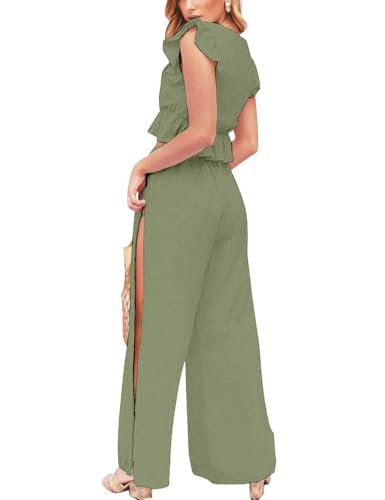 FANCYINN Womens 2 Pieces Outfits Deep V Neck Crop Top St Patricks Day Shirt Side Slit Drawstring Wide Leg Pants Set Jumpsuits Olive Green S - Image 3