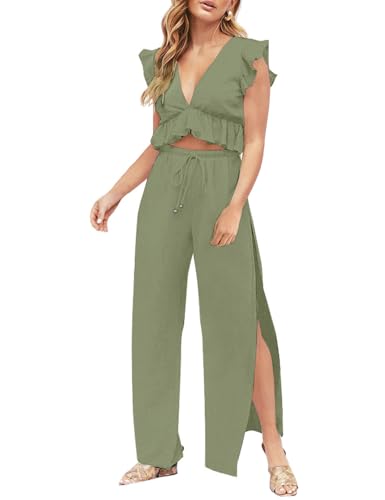 FANCYINN Womens 2 Pieces Outfits Deep V Neck Crop Top St Patricks Day Shirt Side Slit Drawstring Wide Leg Pants Set Jumpsuits Olive Green S - Image 1