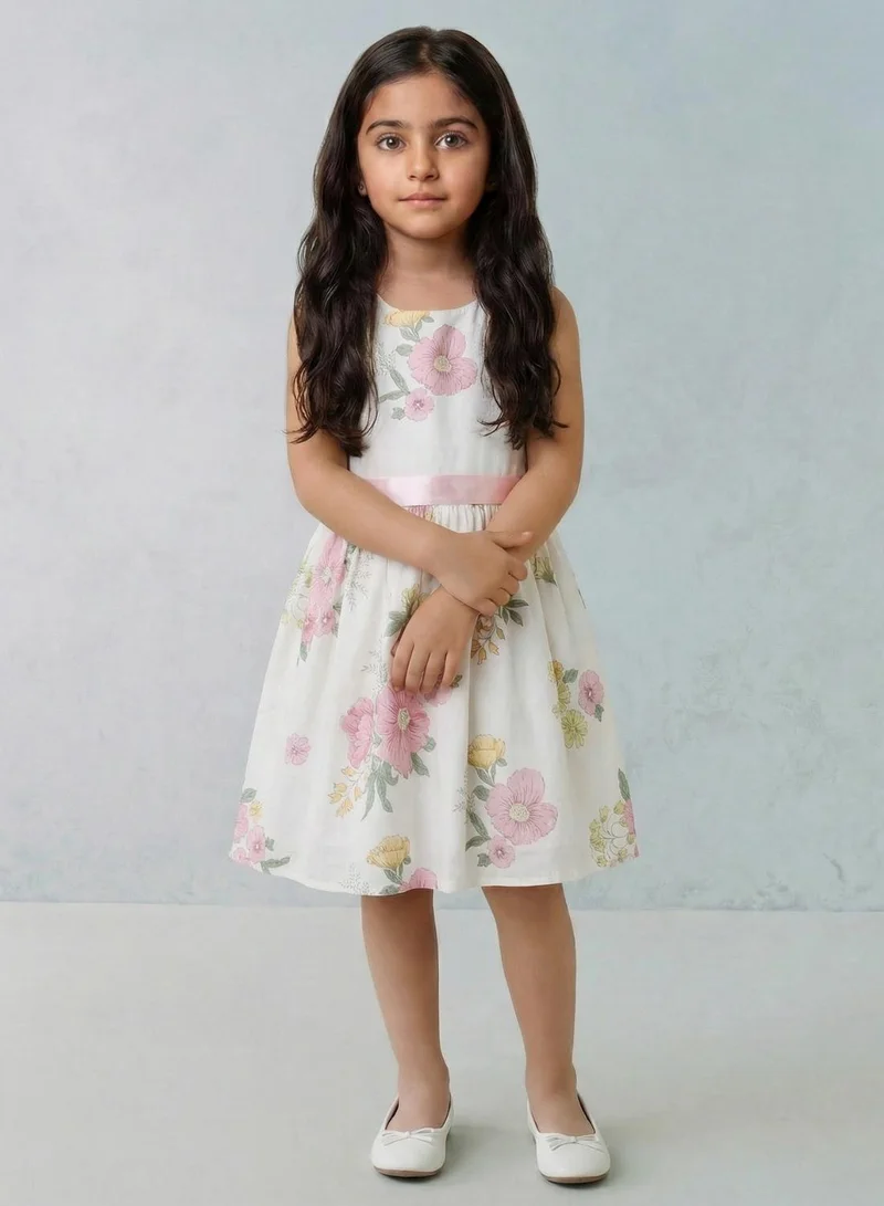 بيبي كلو Girls Floral Print Summer Dress Pink Waistband