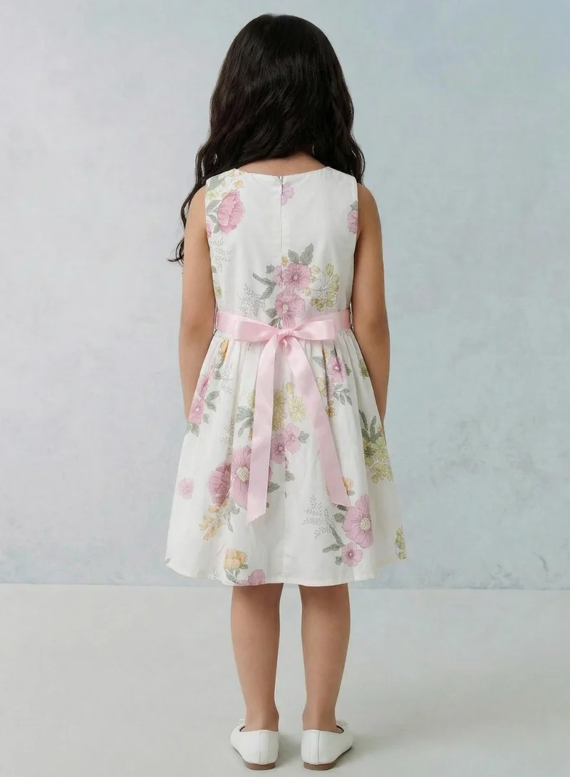 بيبي كلو Girls Floral Print Summer Dress Pink Waistband