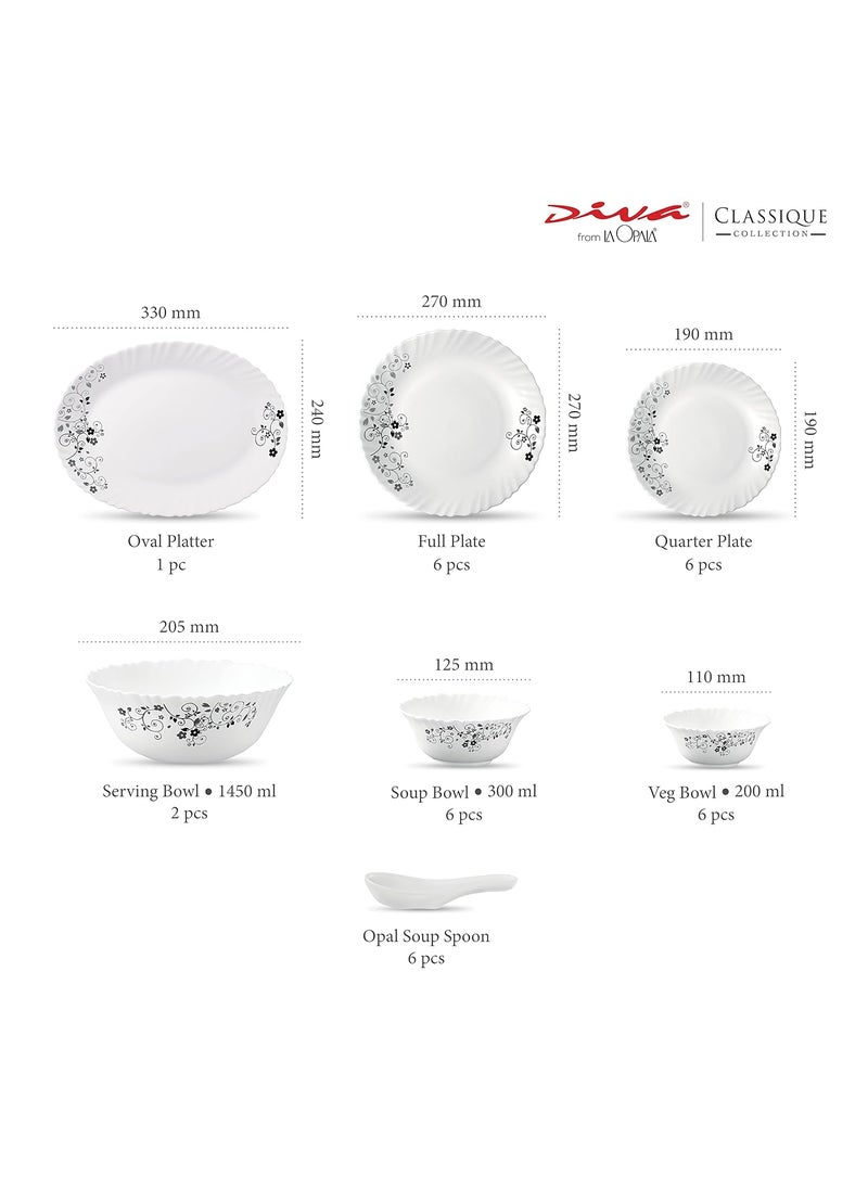 La Opala - La Opala Diva Classique Collection Opal Glass Crockery | for Family of 6 | Dinner Set 33 pcs Mystrio Black | Plates & Bowls for Dining | Microwave Safe | 100% Vegetarian | Extra Strong | White - Image 1