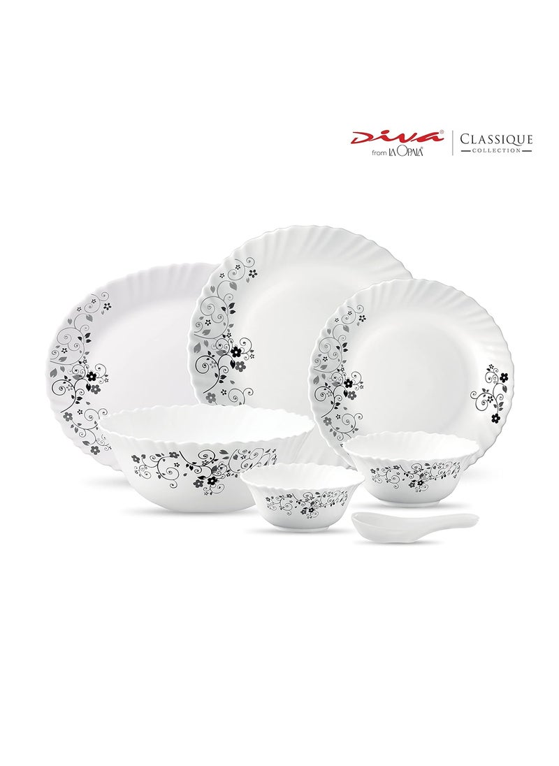 La Opala - La Opala Diva Classique Collection Opal Glass Crockery | for Family of 6 | Dinner Set 33 pcs Mystrio Black | Plates & Bowls for Dining | Microwave Safe | 100% Vegetarian | Extra Strong | White - Image 1