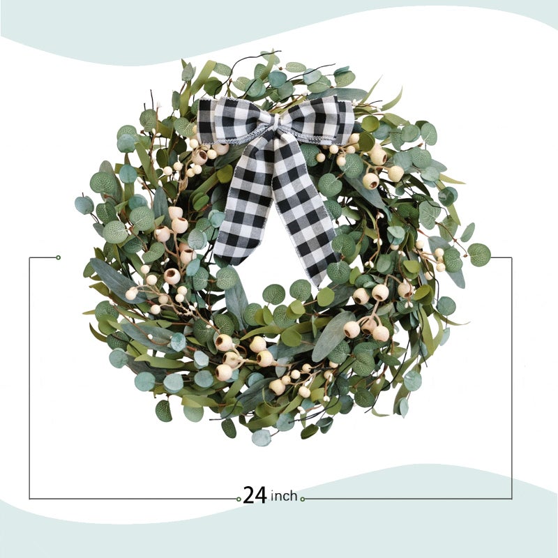 CIR OASES Artificial Spring/Summer Wreath 24 Inch Evergreen Wreaths for Front Door Eucalyptus Wreath with Berries for Outside All Seasons Indoor Outdoor Decor - Image 3