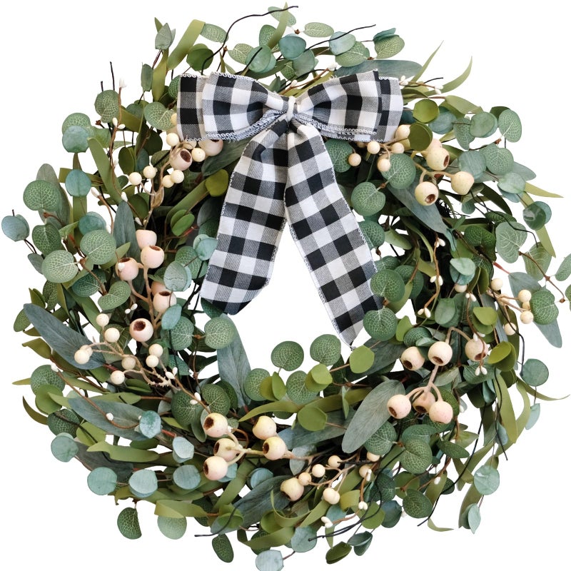 CIR OASES Artificial Spring/Summer Wreath 24 Inch Evergreen Wreaths for Front Door Eucalyptus Wreath with Berries for Outside All Seasons Indoor Outdoor Decor - Image 1