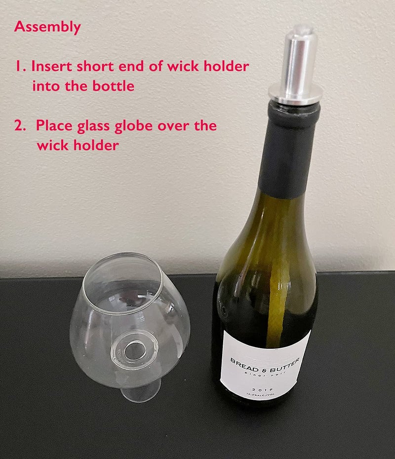 Firefly Wine Bottle Oil Lamp Conversion Kit - 3/8" Fiberglass Wick with Premium Aluminum-Brass Holder, Protective Glass Chimney Globe, Decorative Bottle Light Transformer, DIY Home Decor - Image 2