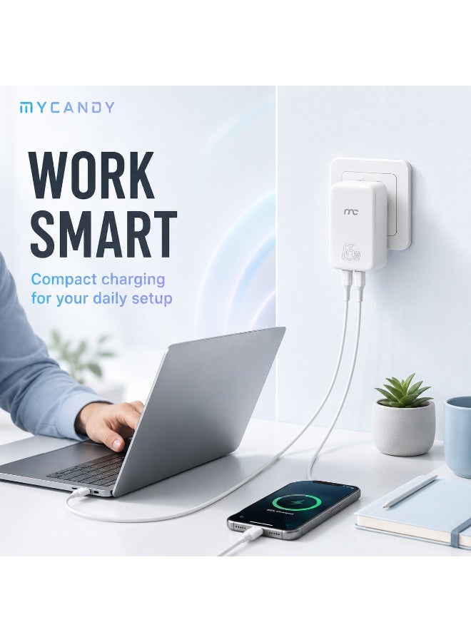 MYCANDY Gtc-D365 Gan Slim Travel Charger 65W Usb-C Pd + Usb-A Fast Wall Charger, White White - Image 5
