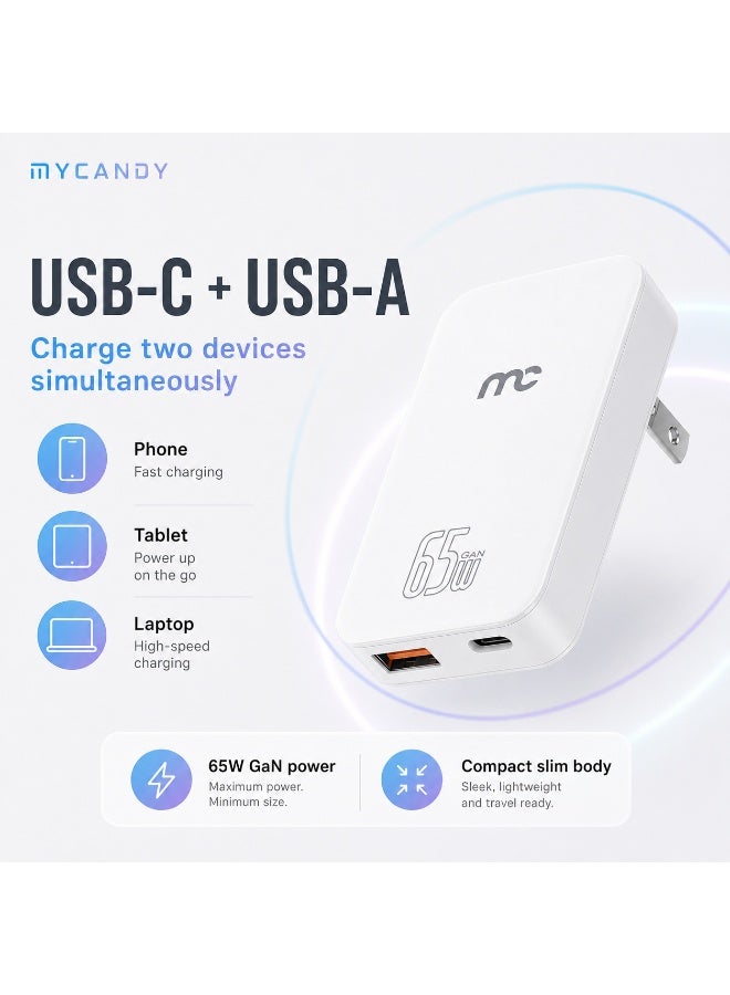 MYCANDY Gtc-D365 Gan Slim Travel Charger 65W Usb-C Pd + Usb-A Fast Wall Charger, White White - Image 2
