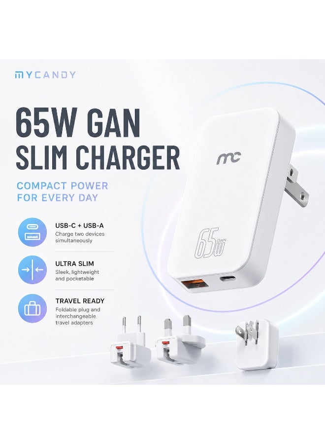 MYCANDY Gtc-D365 Gan Slim Travel Charger 65W Usb-C Pd + Usb-A Fast Wall Charger, White White - Image 1