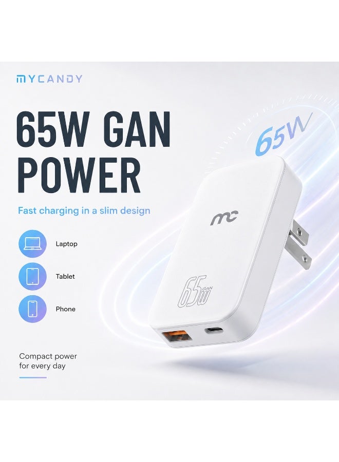 MYCANDY Gtc-D365 Gan Slim Travel Charger 65W Usb-C Pd + Usb-A Fast Wall Charger, White White - Image 4