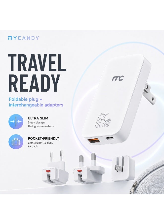MYCANDY Gtc-D365 Gan Slim Travel Charger 65W Usb-C Pd + Usb-A Fast Wall Charger, White White - Image 3