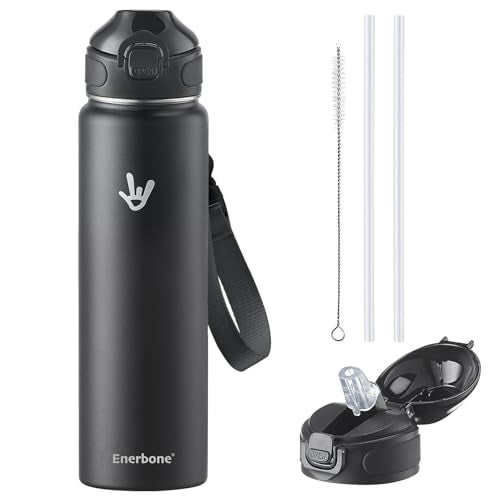 Enerbone 32 oz Insulated Water Bottle Stainless Steel Bottle with Carrying Strap DoubleWall Vacuum Insulation Design Leakproof Sports Bottle with Straw Keep Drinks Cold or Hot for Hours - Image 1