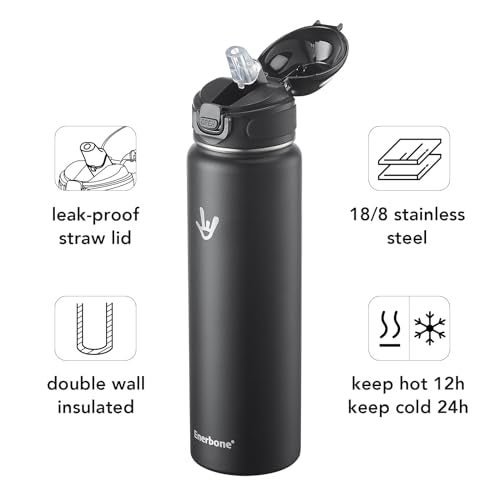 Enerbone 32 oz Insulated Water Bottle Stainless Steel Bottle with Carrying Strap DoubleWall Vacuum Insulation Design Leakproof Sports Bottle with Straw Keep Drinks Cold or Hot for Hours - Image 3