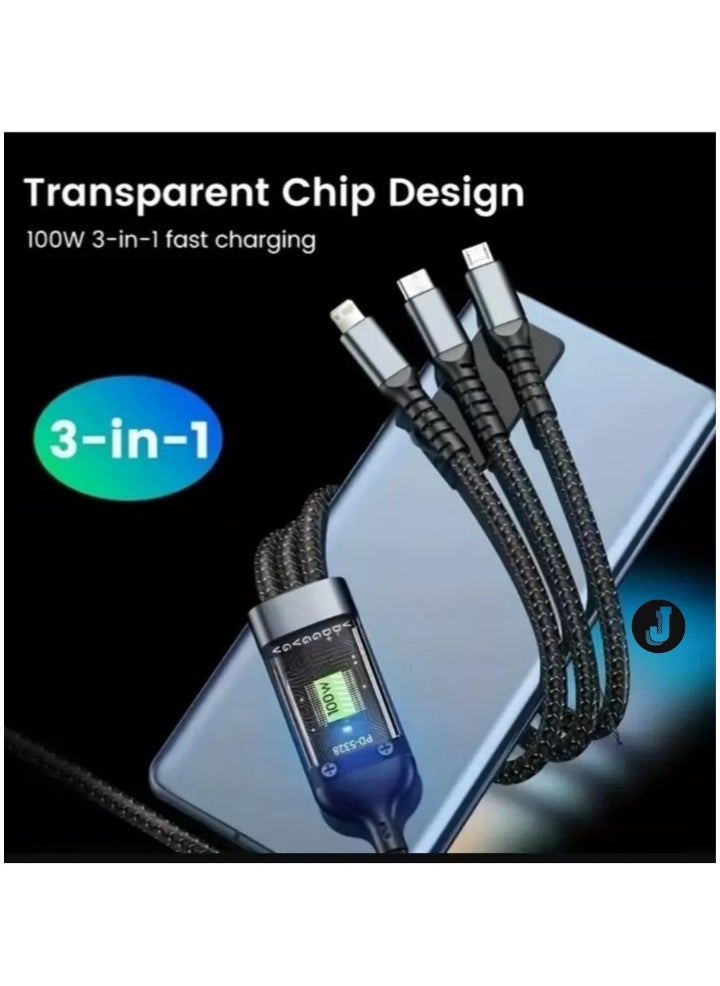 "3-in-1 Multi Charger Cable – 1.2M Fast Charging Nylon Braided Cord"