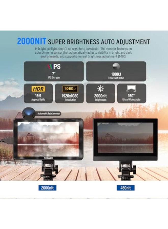 NEEWER F700 7" Camera Field Monitor, 2000nit HD 1920x1080 IPS Touch Screen with 3D LUT, 4K HDMI Loop in/Out with Peak Focus DSLR Video Assist HDR Waveform, Cold Shoe Mount, 2 NP-F750 Batteries & Cable - Image 2