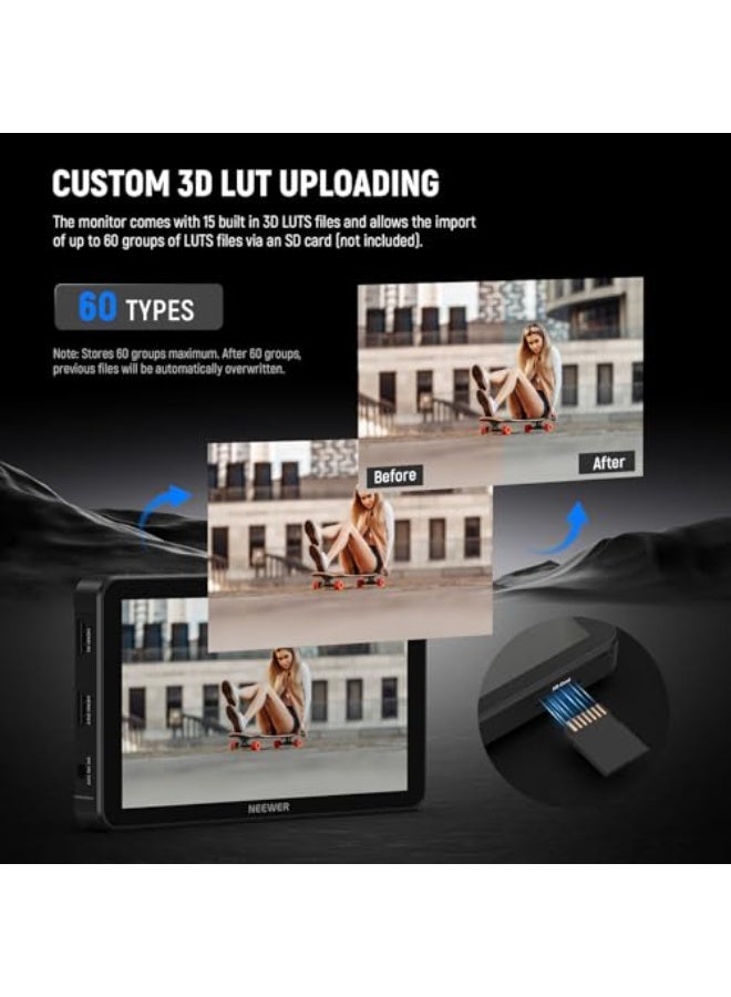 NEEWER F700 7" Camera Field Monitor, 2000nit HD 1920x1080 IPS Touch Screen with 3D LUT, 4K HDMI Loop in/Out with Peak Focus DSLR Video Assist HDR Waveform, Cold Shoe Mount, 2 NP-F750 Batteries & Cable - Image 4