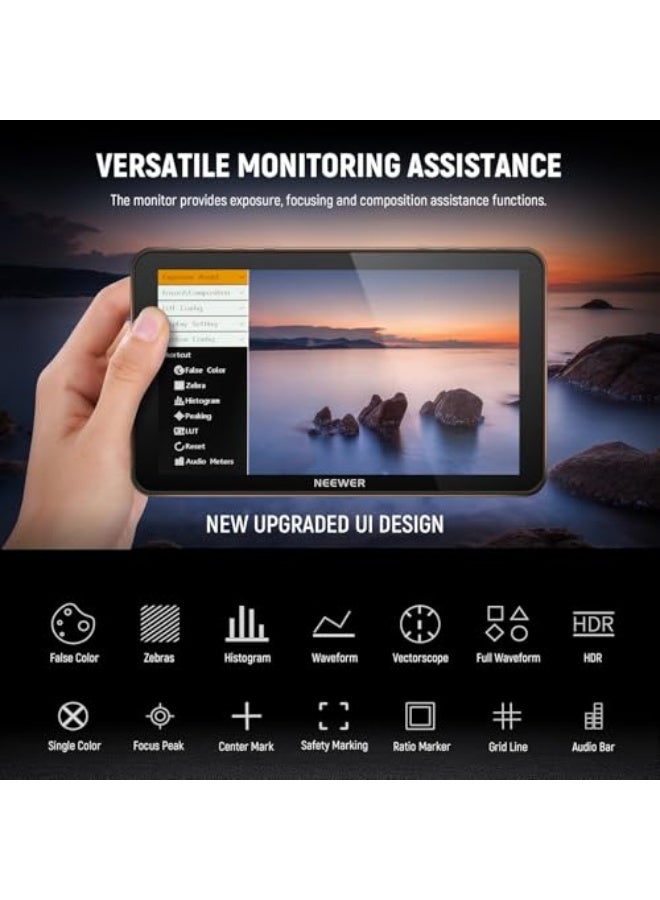 NEEWER F700 7" Camera Field Monitor, 2000nit HD 1920x1080 IPS Touch Screen with 3D LUT, 4K HDMI Loop in/Out with Peak Focus DSLR Video Assist HDR Waveform, Cold Shoe Mount, 2 NP-F750 Batteries & Cable - Image 5