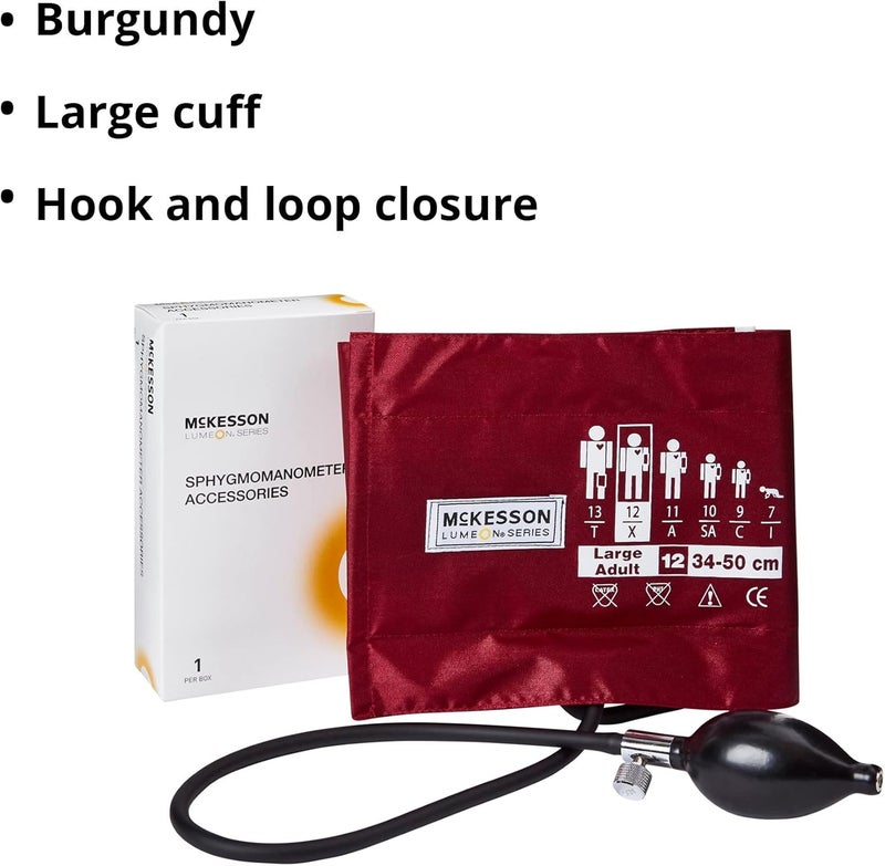McKesson LUMEON Replacement Blood Pressure Cuff with Bulb and Valve Nylon Cuff 2Tube Bladder Burgundy Adult Large Gauge Not Included 1 Count - Image 4