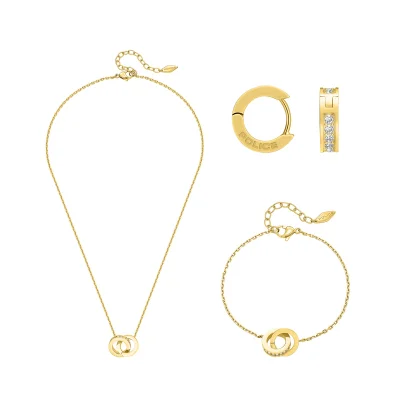 POLICE Unity Gold Plated Necklace, Bracelet, Earrings with Crystals Set Box for Women's