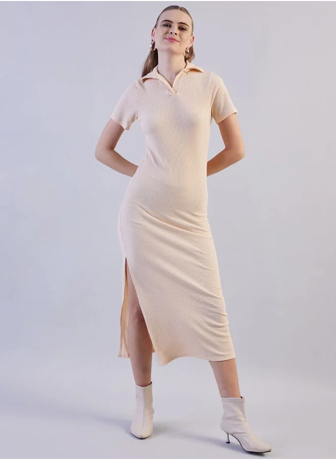 Freehand Women Fitted Casual Solid Long Polo Collar Dress