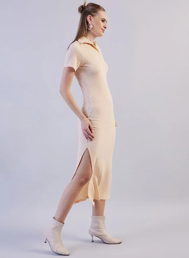 Freehand Women Fitted Casual Solid Long Polo Collar Dress
