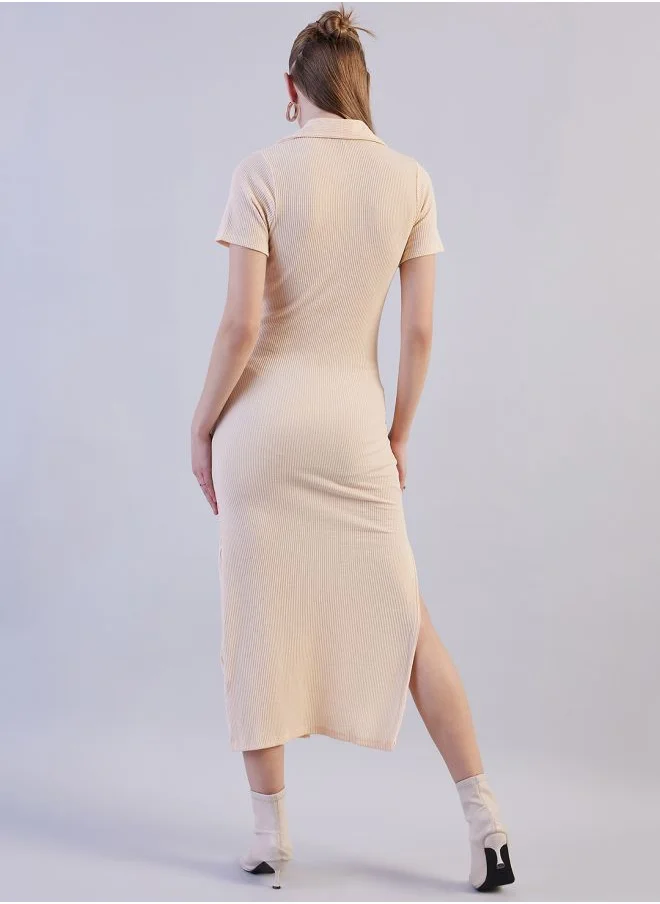 Freehand Women Fitted Casual Solid Long Polo Collar Dress
