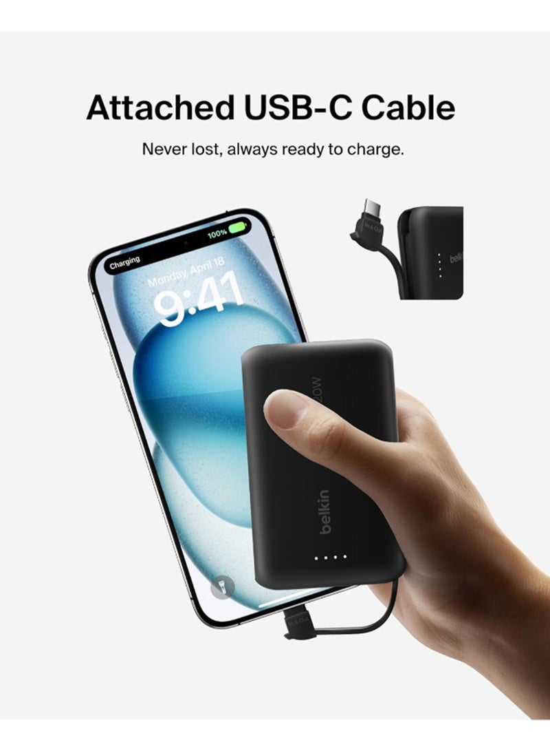belkin 10000 mAh BoostCharge Power Bank, Portable Power Bank with Integrated Cable 10K PD 20W - Fast Charge USB-C Power Delivery, iPhone Power Bank Fast Charging for iPhone 16/15 Series, iPad Pro, Galaxy S24, More - Matte Black - Image 5