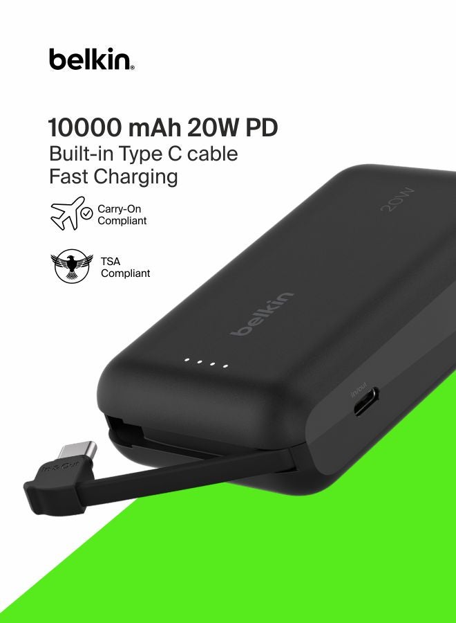 belkin BoostCharge power bank 10000mAh, portable power bank with integrated cable PD 20W, fast charge USB-C power delivery, power bank fast charging for iPhone 16 series, iPad Pro, Galaxy S24 and more Matte Black - Image 1