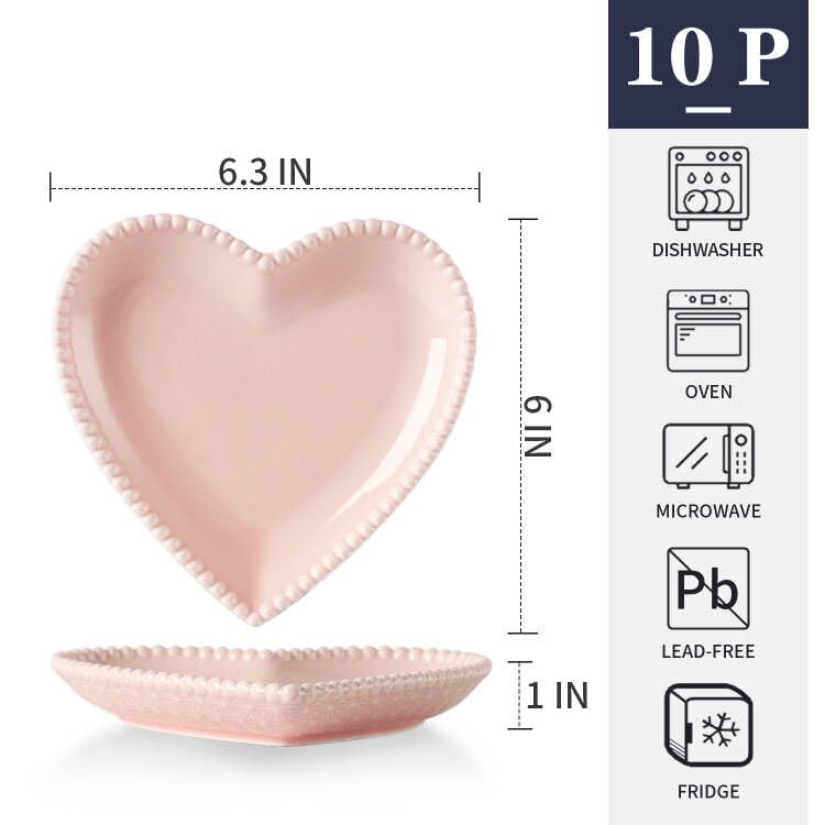 BABALIU 6.3 Inch Porcelain Appetizer Plates Set of 10, Heart Shape Small Dinner Plates, Dessert Salad Plates Serving Dishes for Cake, Snack, Ice Cream, Waffles, Microwave, Oven, Dishwasher Safe, Pink - Image 2