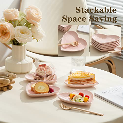 BABALIU 6.3 Inch Porcelain Appetizer Plates Set of 10, Heart Shape Small Dinner Plates, Dessert Salad Plates Serving Dishes for Cake, Snack, Ice Cream, Waffles, Microwave, Oven, Dishwasher Safe, Pink - Image 4