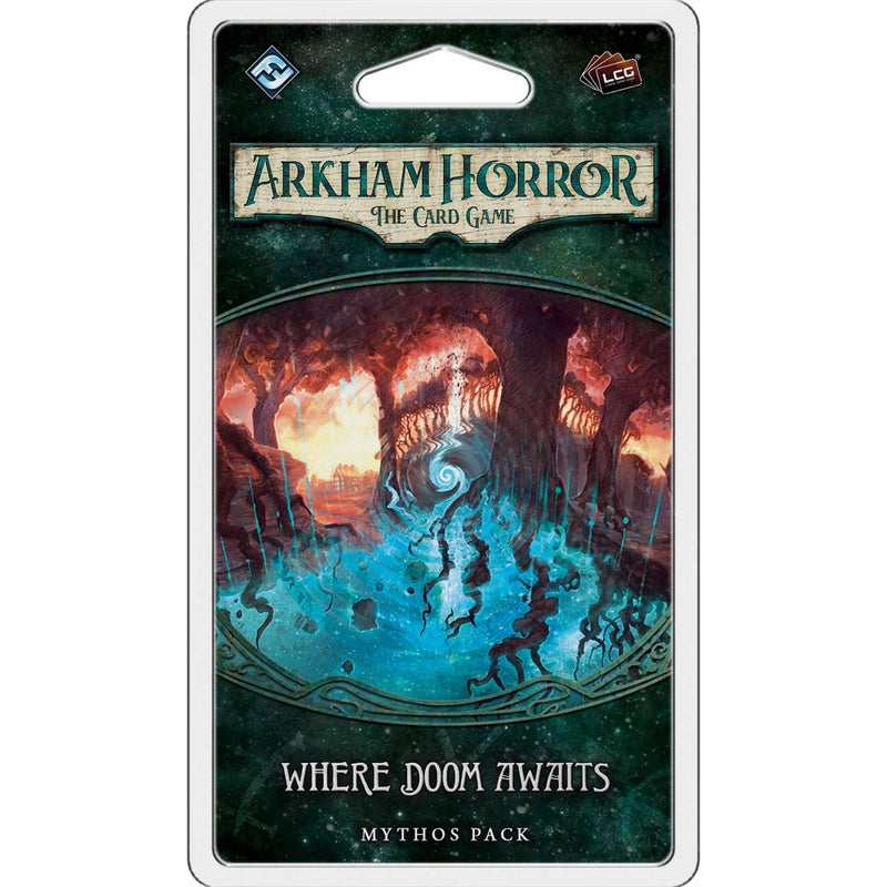 Arkham Horror The Card Game Where Doom Awaits MYTHOS PACK  Horror Game  Mystery Game Cooperative Card Game Ages 14+  1-2 Players Average Playtime 1-2 Hours  Made by Fantasy Flight Games  Green
