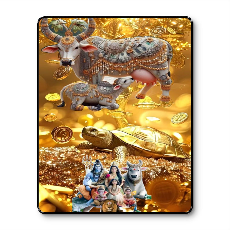 SAF Divine Cow Kamdhenu Tortoise Shiva Family Gold Coin Wall Art | Vastu Black Frame Sparkle Laminated Painting | Positive Energy, Wealth & Protection Home Decor (14 Inch x 11 Inch) K-36117 - Image 2