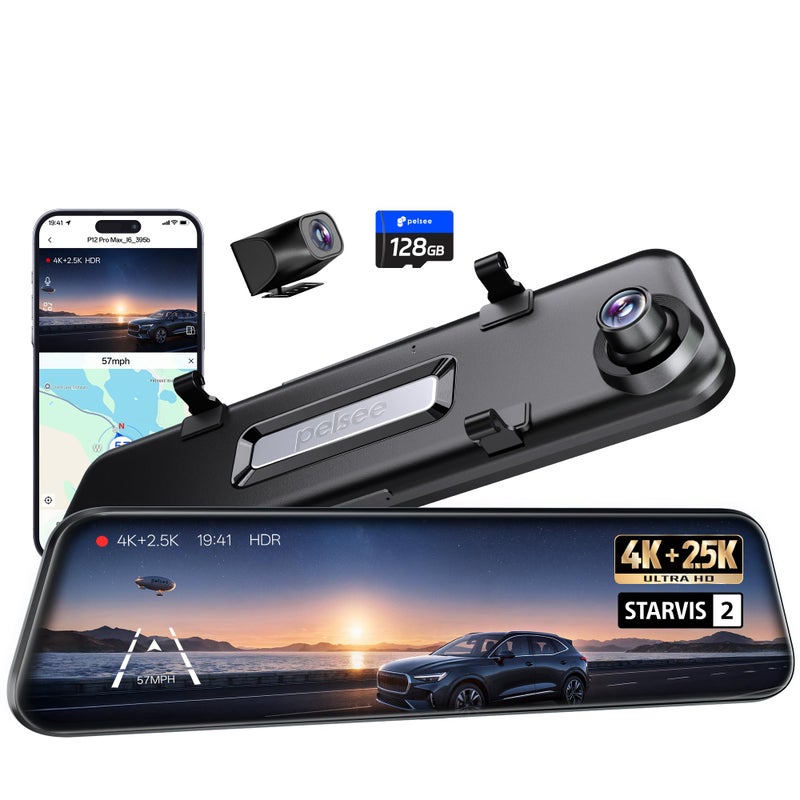 Pelsee 4K25K Mirror Dash Cam with Front Starvis 2 IMX678 Rear IMX335 12 Rear View Mirror Camera Color Night Vision 58GHz WiFi ADAS BSD Included OBD Hardwire Kit 128GB Card P12 Pro Max - Image 2