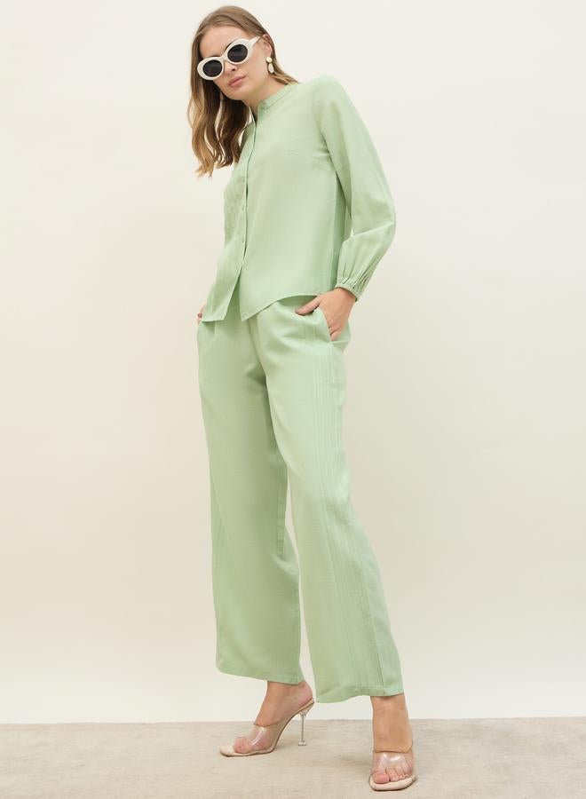 Styli Green Pintuck Detail Slub Shirt and Pants Co-Ords - Image 1