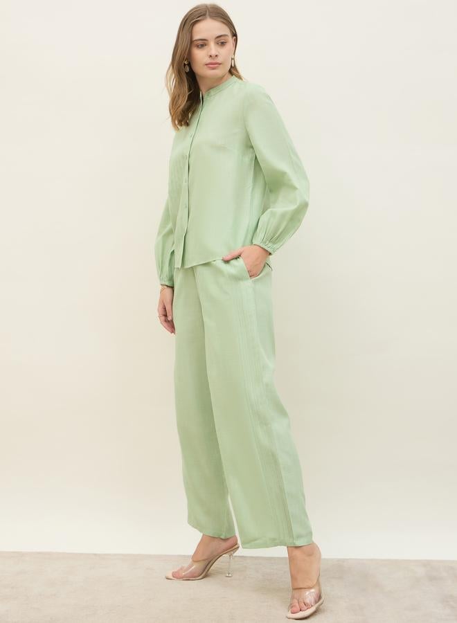 Styli Green Pintuck Detail Slub Shirt and Pants Co-Ords - Image 3