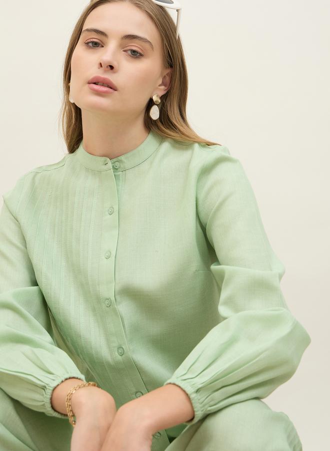 Styli Green Pintuck Detail Slub Shirt and Pants Co-Ords - Image 4