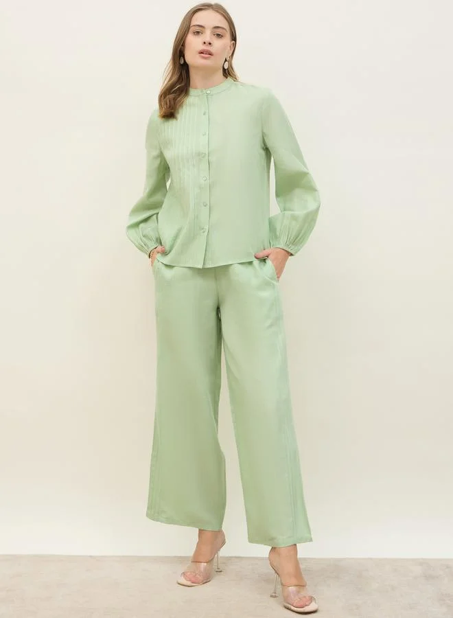 ستايلي Styli Green Pintuck Detail Slub Shirt and Pants Co-Ords