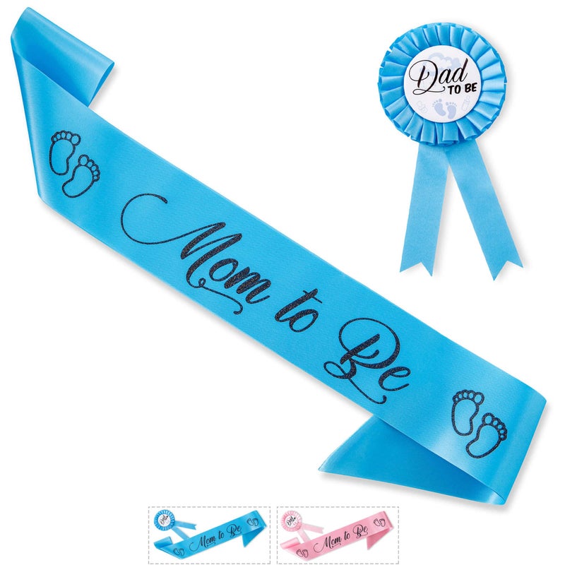 CORRURE Baby Shower Sash and Button Pin for Boy Mom to Be Sash and Dad to Be Pin with Beautiful Blue Ribbon and Black Glitter Text Ideal Mom and Dad Gift for Gender RevealBaby Shower
