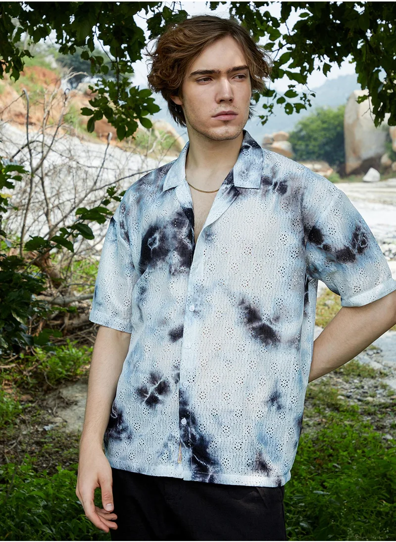 Campus Sutra Men's Charcoal Grey Tie-Dye Knit Oversized Shirt