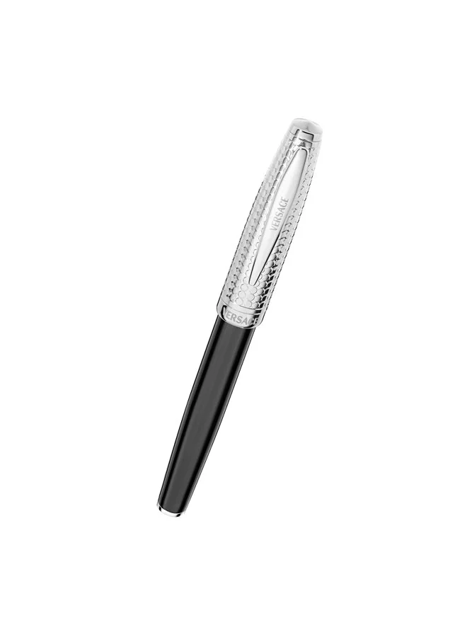 VERSACE Helius Silver Dotted Stainless Steel  Black Resin Roller Pen with Blue Ink for Men